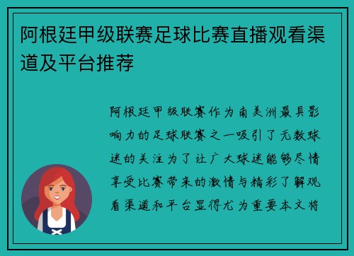 阿根廷甲级联赛足球比赛直播观看渠道及平台推荐